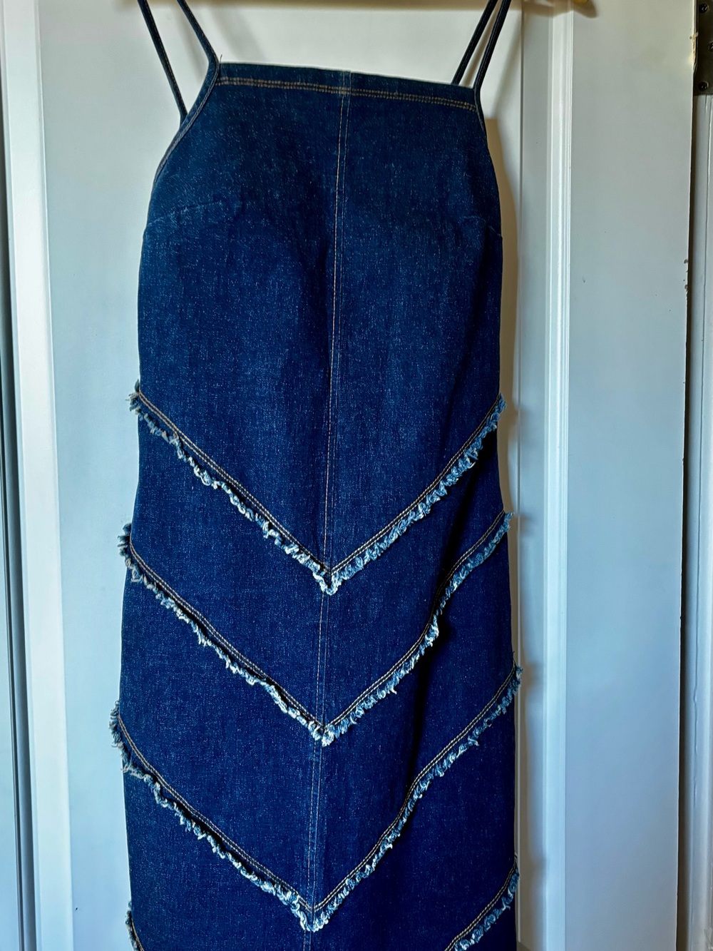 Prada Dark Wash Denim Midi Dress with Frayed Chevron Details